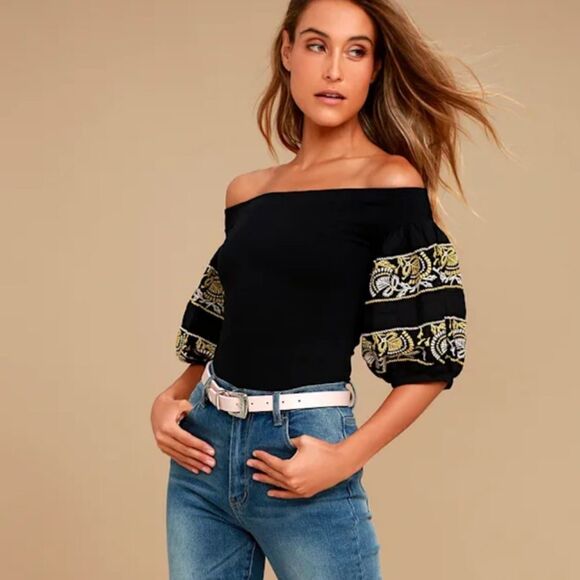 Free People Rock With It Black Embroidered Off-the-Shoulder Top Size XS - Picture 9 of 10